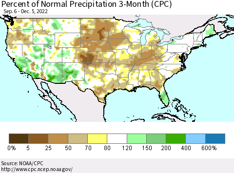 United States Percent of Normal Precipitation 3-Month (CPC) Thematic Map For 9/6/2022 - 12/5/2022