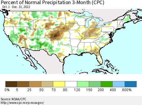 United States Percent of Normal Precipitation 3-Month (CPC) Thematic Map For 10/1/2022 - 12/31/2022