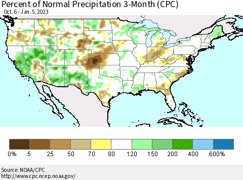 United States Percent of Normal Precipitation 3-Month (CPC) Thematic Map For 10/6/2022 - 1/5/2023