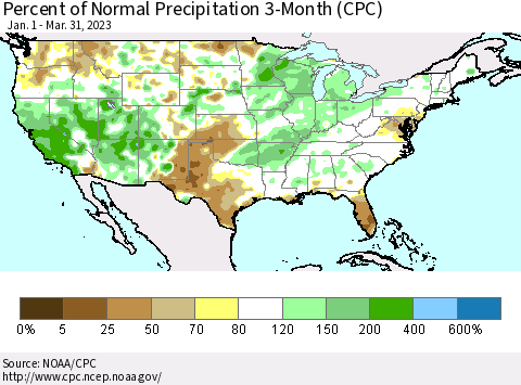 United States Percent of Normal Precipitation 3-Month (CPC) Thematic Map For 1/1/2023 - 3/31/2023