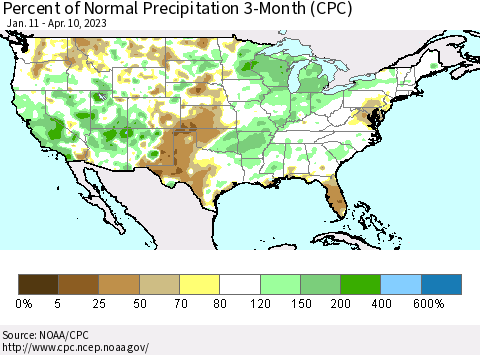 United States Percent of Normal Precipitation 3-Month (CPC) Thematic Map For 1/11/2023 - 4/10/2023