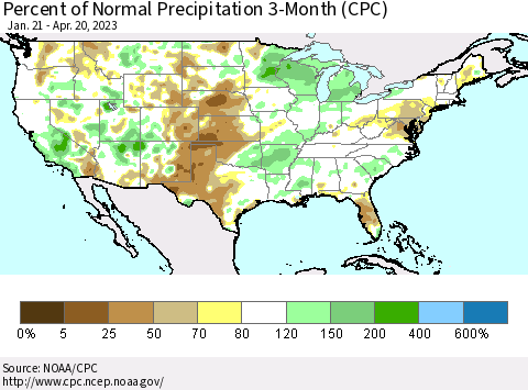 United States Percent of Normal Precipitation 3-Month (CPC) Thematic Map For 1/21/2023 - 4/20/2023