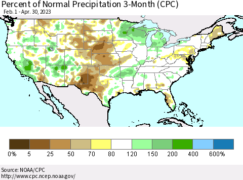 United States Percent of Normal Precipitation 3-Month (CPC) Thematic Map For 2/1/2023 - 4/30/2023