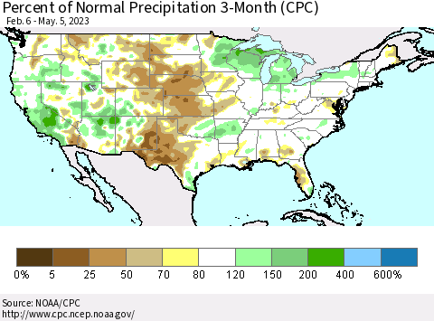 United States Percent of Normal Precipitation 3-Month (CPC) Thematic Map For 2/6/2023 - 5/5/2023