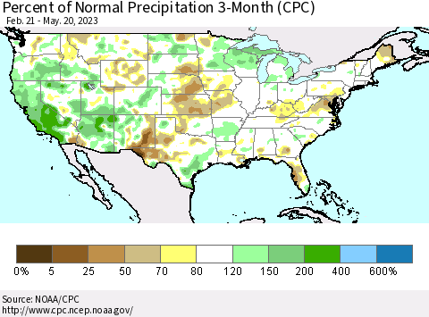 United States Percent of Normal Precipitation 3-Month (CPC) Thematic Map For 2/21/2023 - 5/20/2023