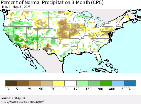 United States Percent of Normal Precipitation 3-Month (CPC) Thematic Map For 3/1/2023 - 5/31/2023