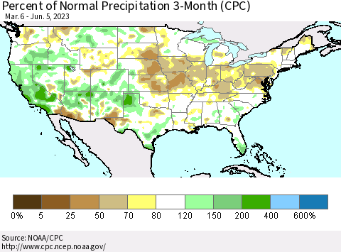 United States Percent of Normal Precipitation 3-Month (CPC) Thematic Map For 3/6/2023 - 6/5/2023
