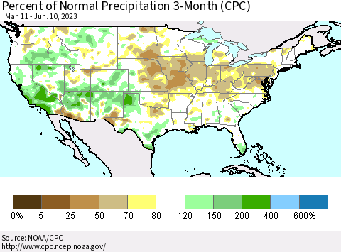 United States Percent of Normal Precipitation 3-Month (CPC) Thematic Map For 3/11/2023 - 6/10/2023