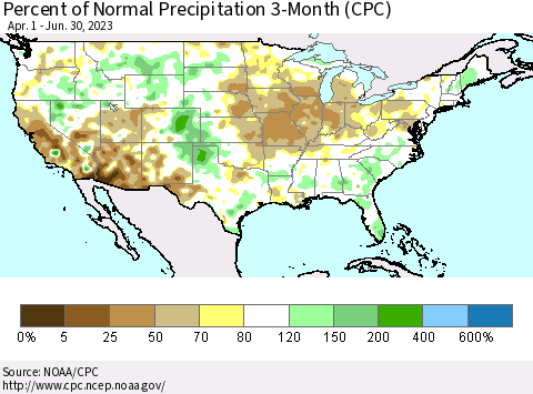 United States Percent of Normal Precipitation 3-Month (CPC) Thematic Map For 4/1/2023 - 6/30/2023