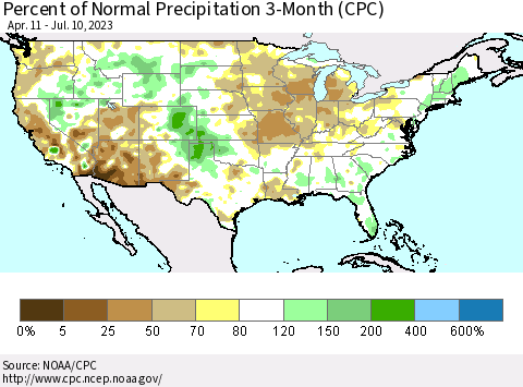 United States Percent of Normal Precipitation 3-Month (CPC) Thematic Map For 4/11/2023 - 7/10/2023