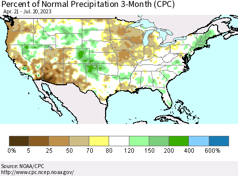 United States Percent of Normal Precipitation 3-Month (CPC) Thematic Map For 4/21/2023 - 7/20/2023