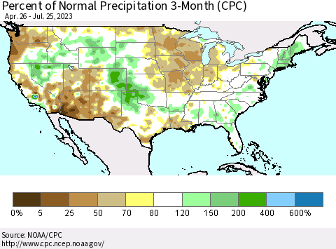 United States Percent of Normal Precipitation 3-Month (CPC) Thematic Map For 4/26/2023 - 7/25/2023