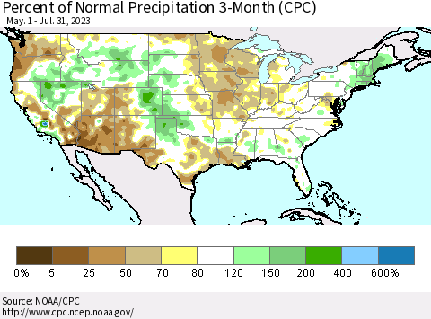 United States Percent of Normal Precipitation 3-Month (CPC) Thematic Map For 5/1/2023 - 7/31/2023