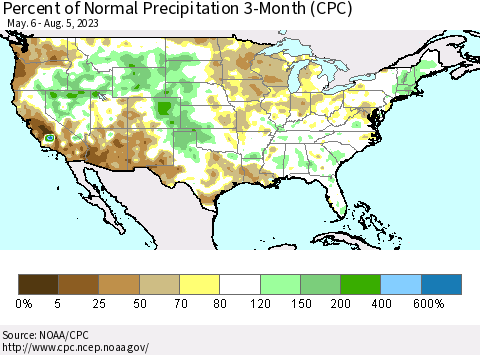 United States Percent of Normal Precipitation 3-Month (CPC) Thematic Map For 5/6/2023 - 8/5/2023
