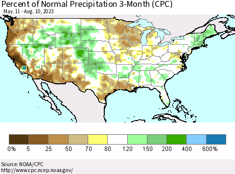 United States Percent of Normal Precipitation 3-Month (CPC) Thematic Map For 5/11/2023 - 8/10/2023