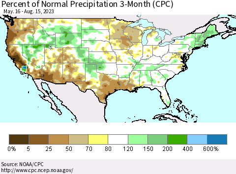 United States Percent of Normal Precipitation 3-Month (CPC) Thematic Map For 5/16/2023 - 8/15/2023