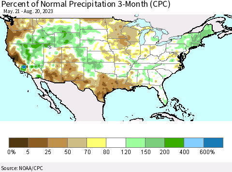 United States Percent of Normal Precipitation 3-Month (CPC) Thematic Map For 5/21/2023 - 8/20/2023