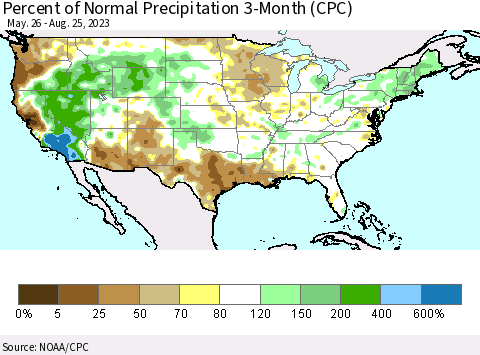 United States Percent of Normal Precipitation 3-Month (CPC) Thematic Map For 5/26/2023 - 8/25/2023