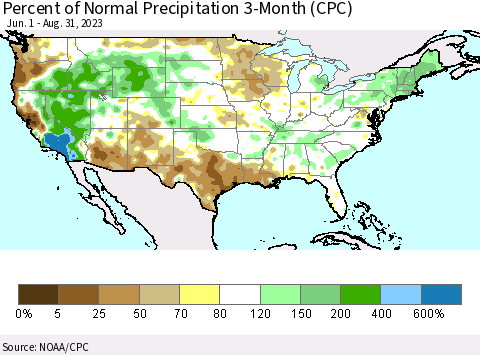 United States Percent of Normal Precipitation 3-Month (CPC) Thematic Map For 6/1/2023 - 8/31/2023