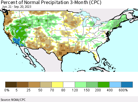 United States Percent of Normal Precipitation 3-Month (CPC) Thematic Map For 6/21/2023 - 9/20/2023