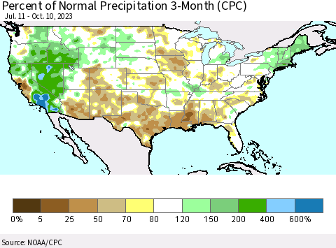 United States Percent of Normal Precipitation 3-Month (CPC) Thematic Map For 7/11/2023 - 10/10/2023
