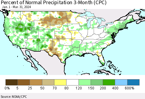 United States Percent of Normal Precipitation 3-Month (CPC) Thematic Map For 1/1/2024 - 3/31/2024