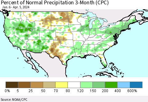 United States Percent of Normal Precipitation 3-Month (CPC) Thematic Map For 1/6/2024 - 4/5/2024