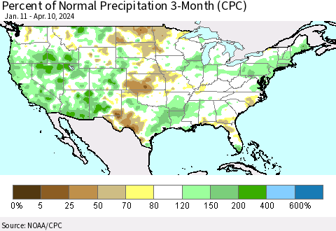 United States Percent of Normal Precipitation 3-Month (CPC) Thematic Map For 1/11/2024 - 4/10/2024
