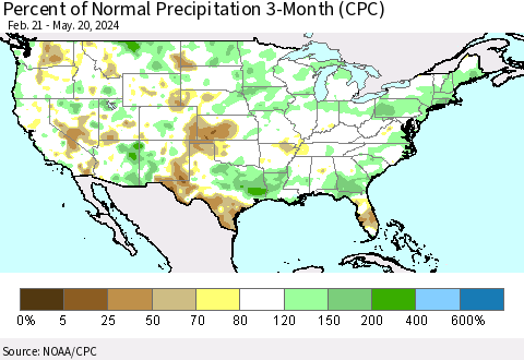 United States Percent of Normal Precipitation 3-Month (CPC) Thematic Map For 2/21/2024 - 5/20/2024
