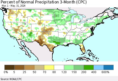 United States Percent of Normal Precipitation 3-Month (CPC) Thematic Map For 3/1/2024 - 5/31/2024