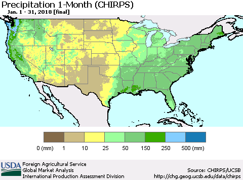 United States Precipitation 1-Month (CHIRPS) Thematic Map For 1/1/2018 - 1/31/2018