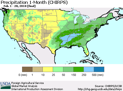 United States Precipitation 1-Month (CHIRPS) Thematic Map For 2/1/2018 - 2/28/2018