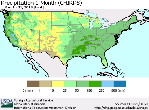 United States Precipitation 1-Month (CHIRPS) Thematic Map For 3/1/2018 - 3/31/2018