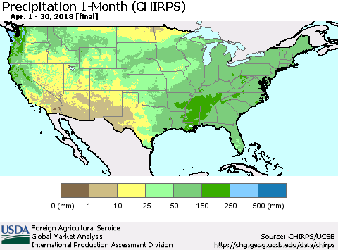 United States Precipitation 1-Month (CHIRPS) Thematic Map For 4/1/2018 - 4/30/2018