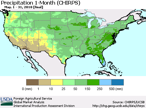 United States Precipitation 1-Month (CHIRPS) Thematic Map For 5/1/2018 - 5/31/2018