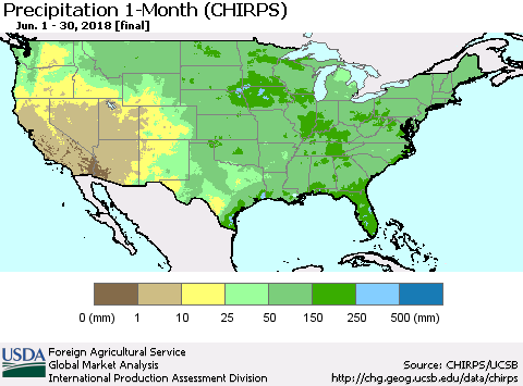 United States Precipitation 1-Month (CHIRPS) Thematic Map For 6/1/2018 - 6/30/2018