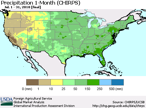 United States Precipitation 1-Month (CHIRPS) Thematic Map For 7/1/2018 - 7/31/2018