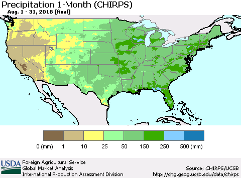 United States Precipitation 1-Month (CHIRPS) Thematic Map For 8/1/2018 - 8/31/2018
