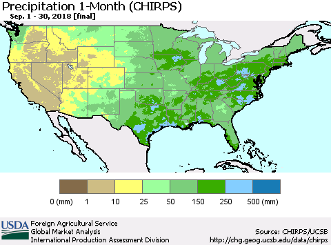 United States Precipitation 1-Month (CHIRPS) Thematic Map For 9/1/2018 - 9/30/2018