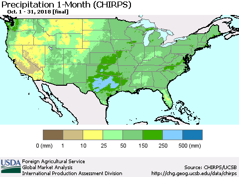 United States Precipitation 1-Month (CHIRPS) Thematic Map For 10/1/2018 - 10/31/2018