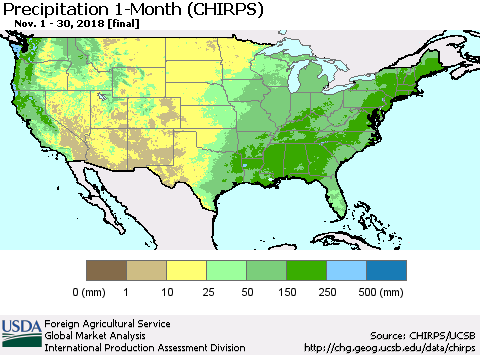 United States Precipitation 1-Month (CHIRPS) Thematic Map For 11/1/2018 - 11/30/2018