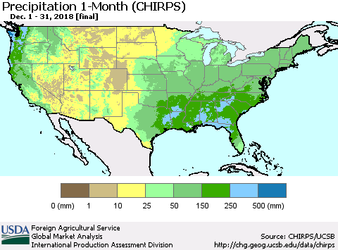 United States Precipitation 1-Month (CHIRPS) Thematic Map For 12/1/2018 - 12/31/2018