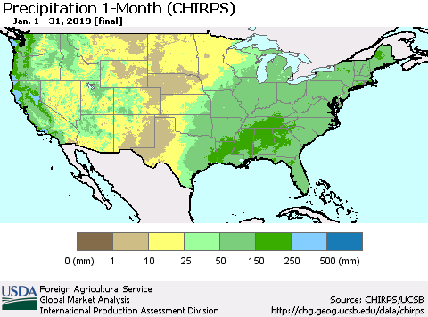 United States Precipitation 1-Month (CHIRPS) Thematic Map For 1/1/2019 - 1/31/2019