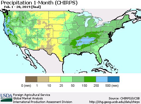 United States Precipitation 1-Month (CHIRPS) Thematic Map For 2/1/2019 - 2/28/2019