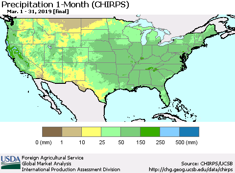 United States Precipitation 1-Month (CHIRPS) Thematic Map For 3/1/2019 - 3/31/2019
