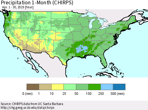 United States Precipitation 1-Month (CHIRPS) Thematic Map For 4/1/2019 - 4/30/2019