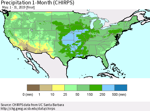 United States Precipitation 1-Month (CHIRPS) Thematic Map For 5/1/2019 - 5/31/2019