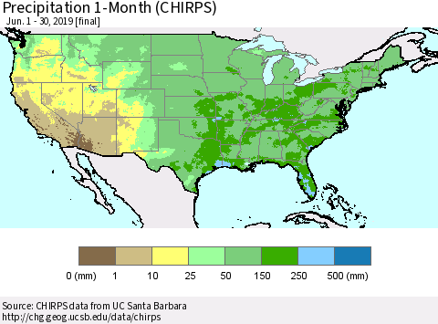 United States Precipitation 1-Month (CHIRPS) Thematic Map For 6/1/2019 - 6/30/2019
