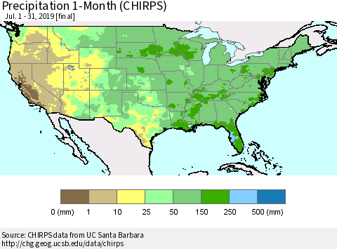 United States Precipitation 1-Month (CHIRPS) Thematic Map For 7/1/2019 - 7/31/2019