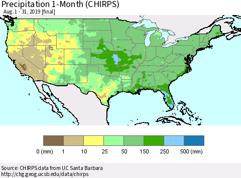 United States Precipitation 1-Month (CHIRPS) Thematic Map For 8/1/2019 - 8/31/2019